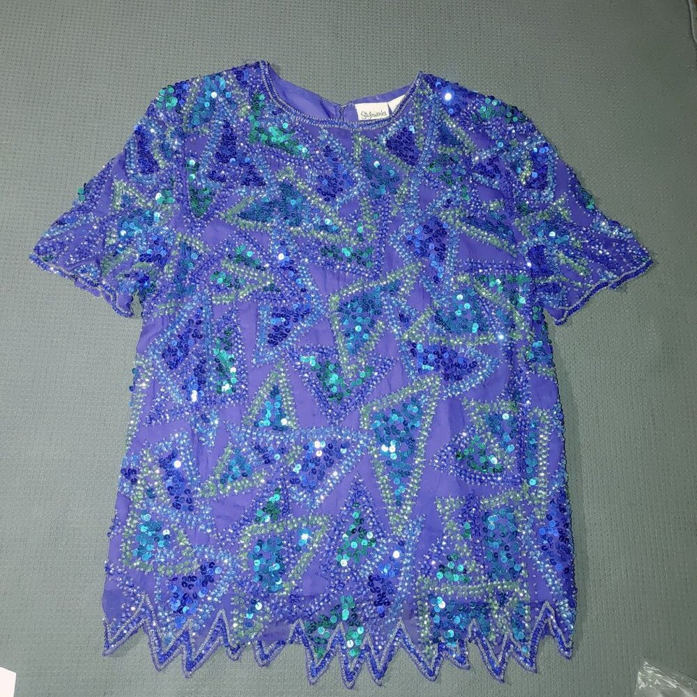 Vintage Styleworks Sequined Silk & Polyester Top Short Sleeve Blue & Green Women
